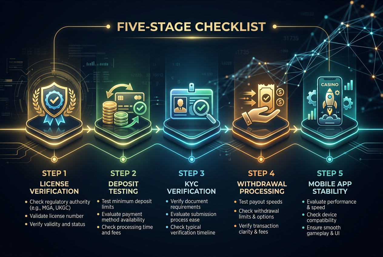 A conceptual illustration of a five-step casino evaluation process.
